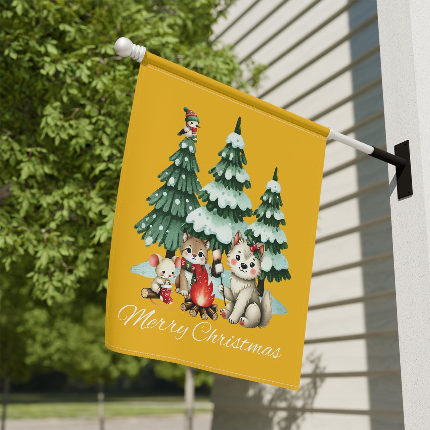 Garden Flag - Christmas - Campfire Animals (01a - Yellow)