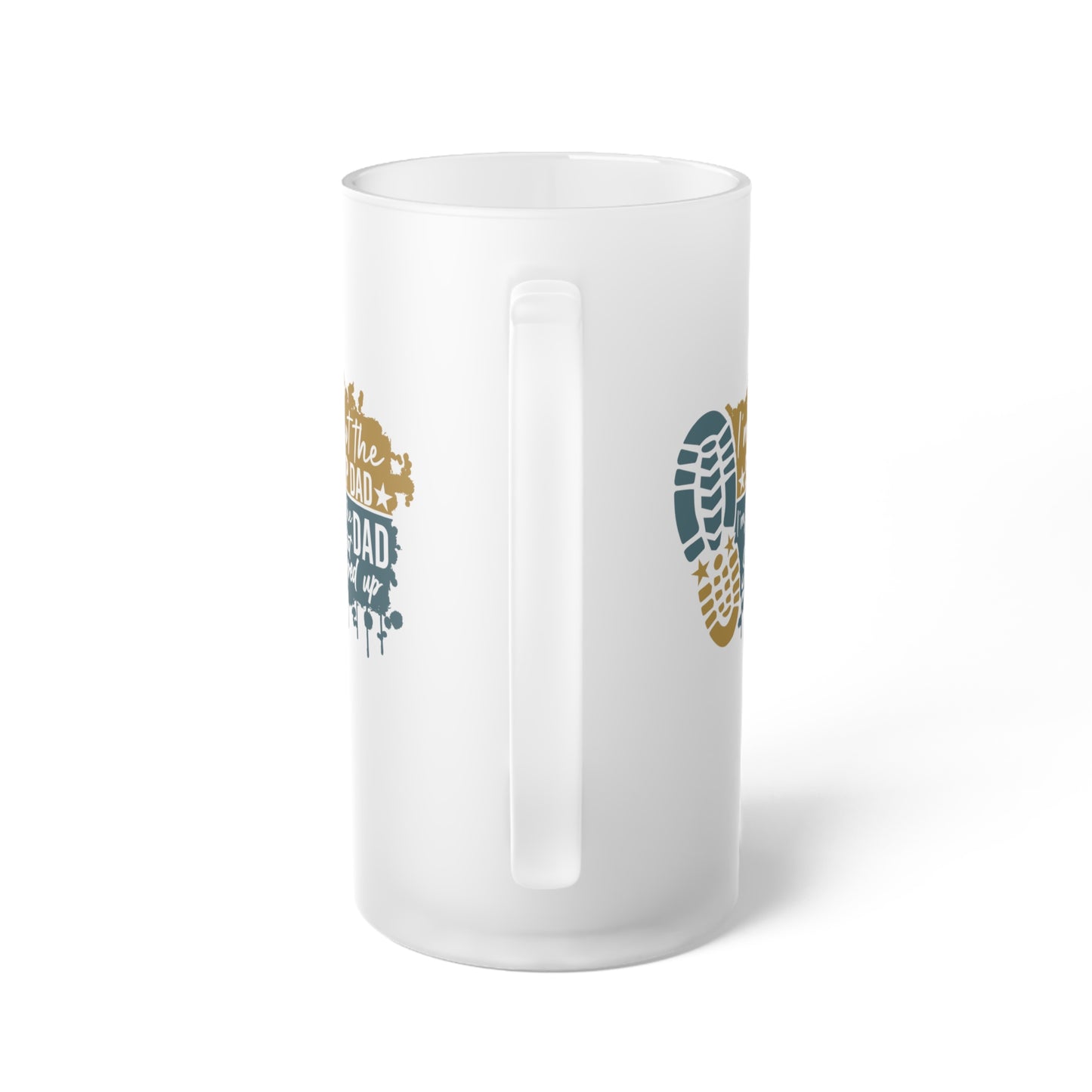 Frosted Glass Beer Mug - Dad - Just the dad that stepped up (1) - Blue and Yellow Writing