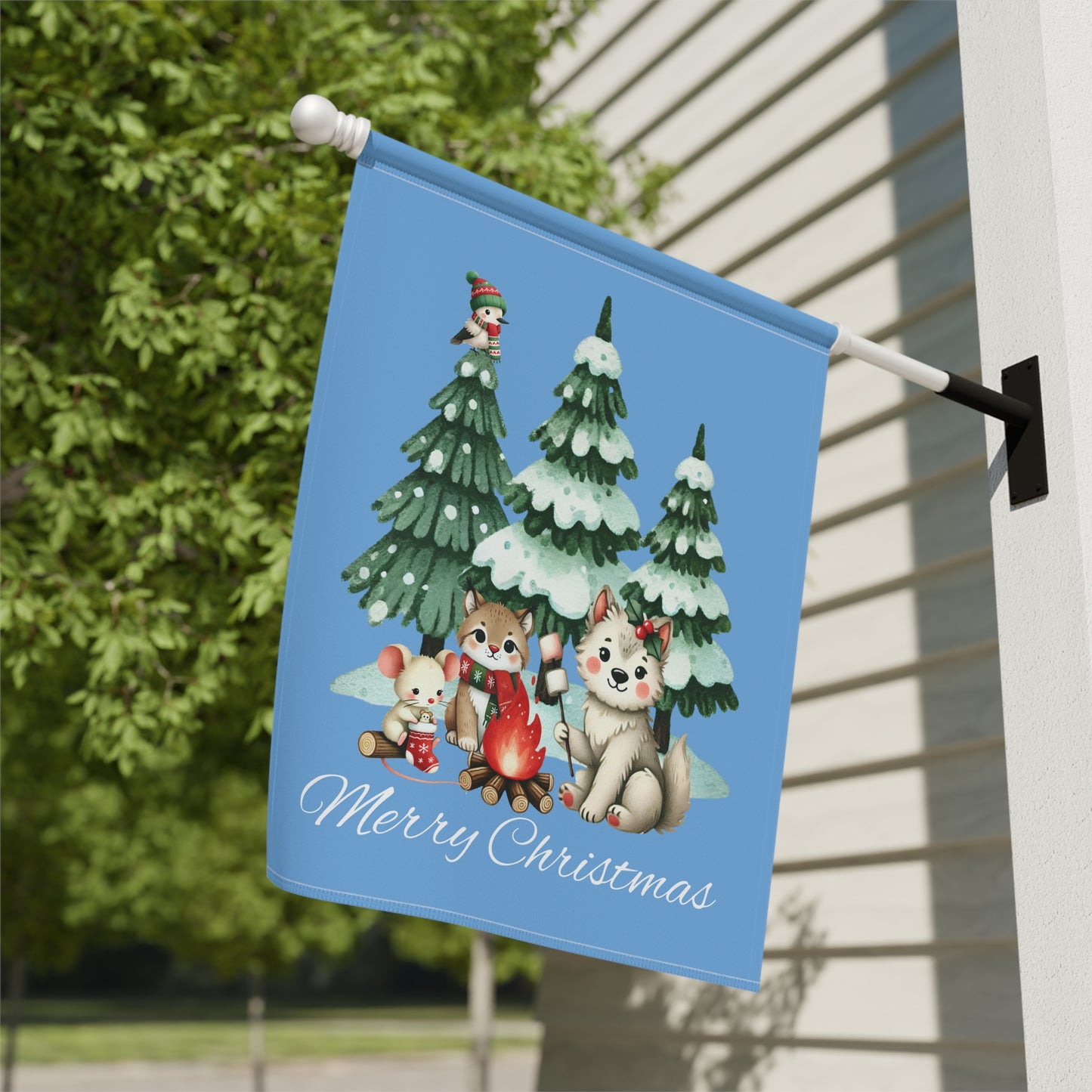 Garden Flag - Christmas - Campfire Animals (01a - Blue)