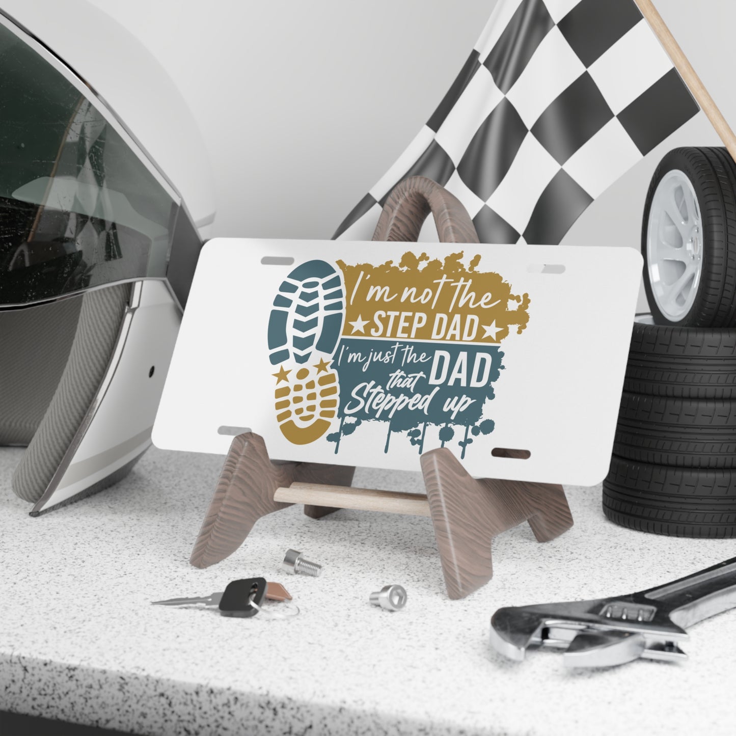 License Plate - Dad - Just the dad that stepped up (1) - Blue and Yellow Writing