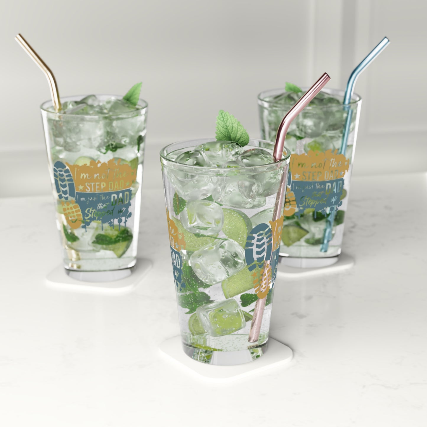 Pint Glass, 16oz - Dad - Just the dad that stepped up (1) - Blue and Yellow