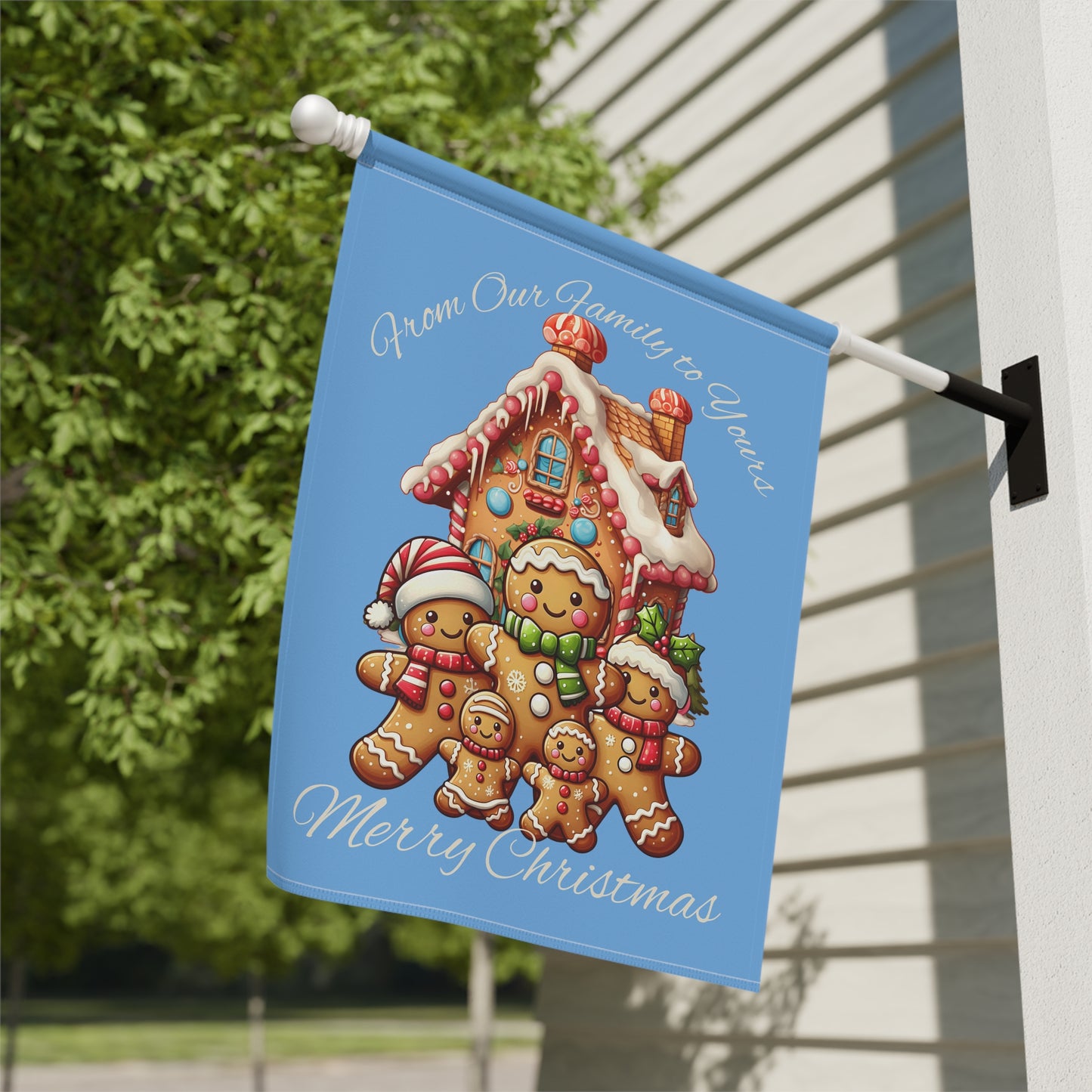 Garden Flag - Christmas - Gingerbread Family (02a - Blue)