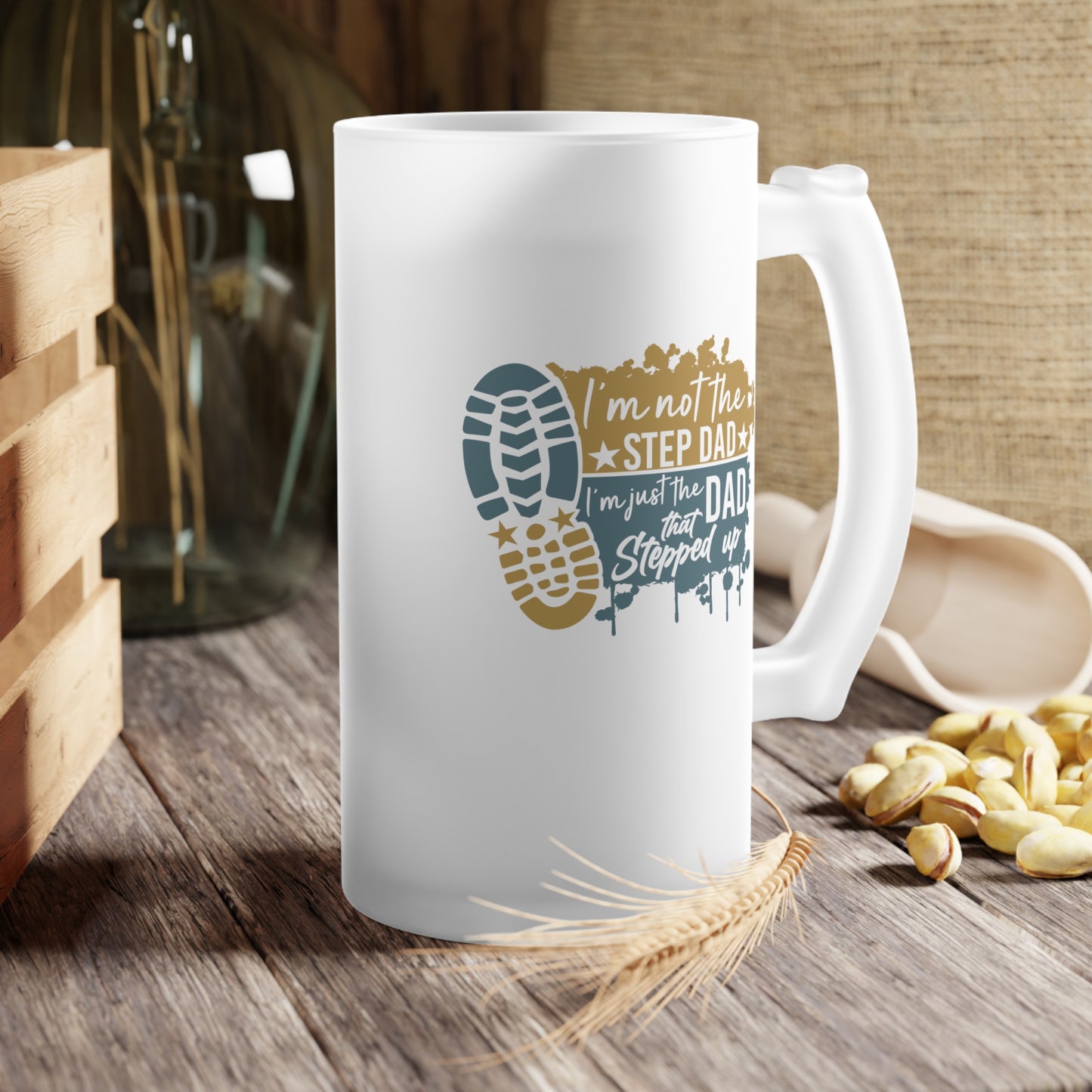 Frosted Glass Beer Mug - Dad - Just the dad that stepped up (1) - Blue and Yellow Writing