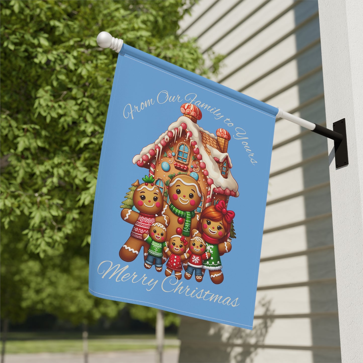 Garden Flag - Christmas - Gingerbread Family (01a - Blue)