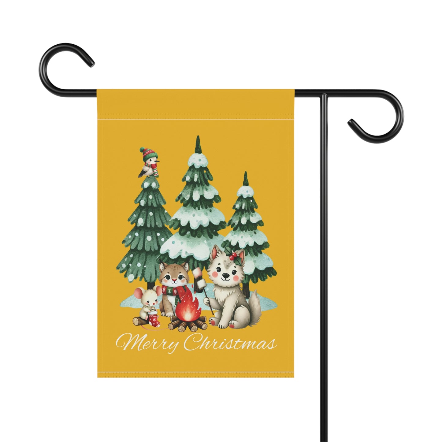 Garden Flag - Christmas - Campfire Animals (01a - Yellow)
