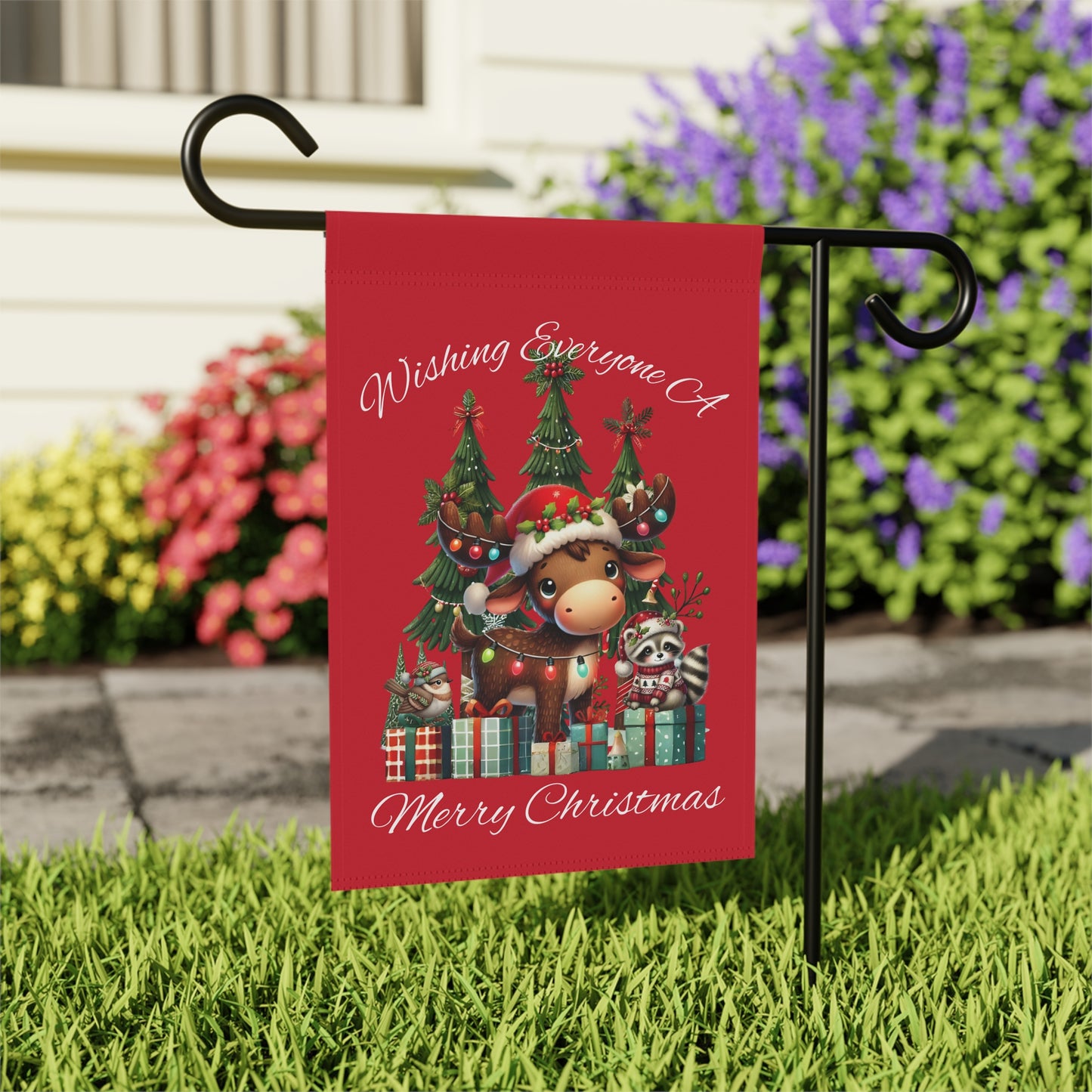 Garden Flag - Christmas - Merry Christmas Animals (01a - Red)