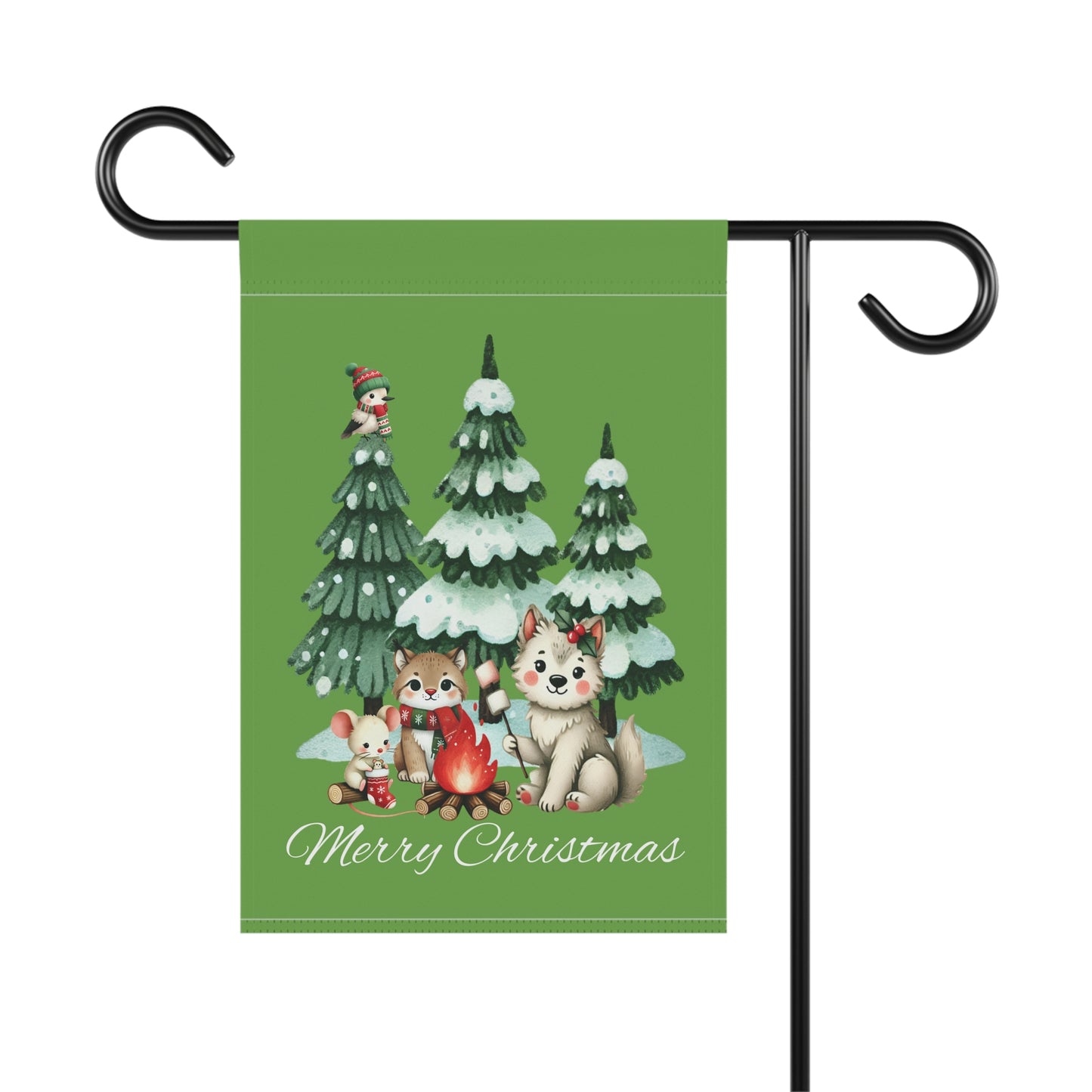 Garden Flag - Christmas - Campfire Animals (01a - Green)