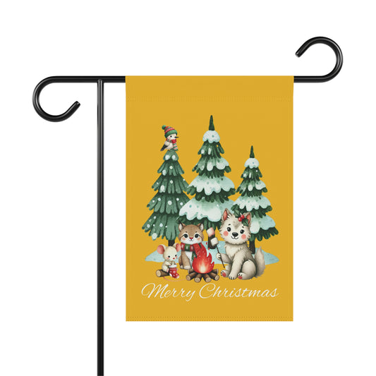 Garden Flag - Christmas - Campfire Animals (01a - Yellow)