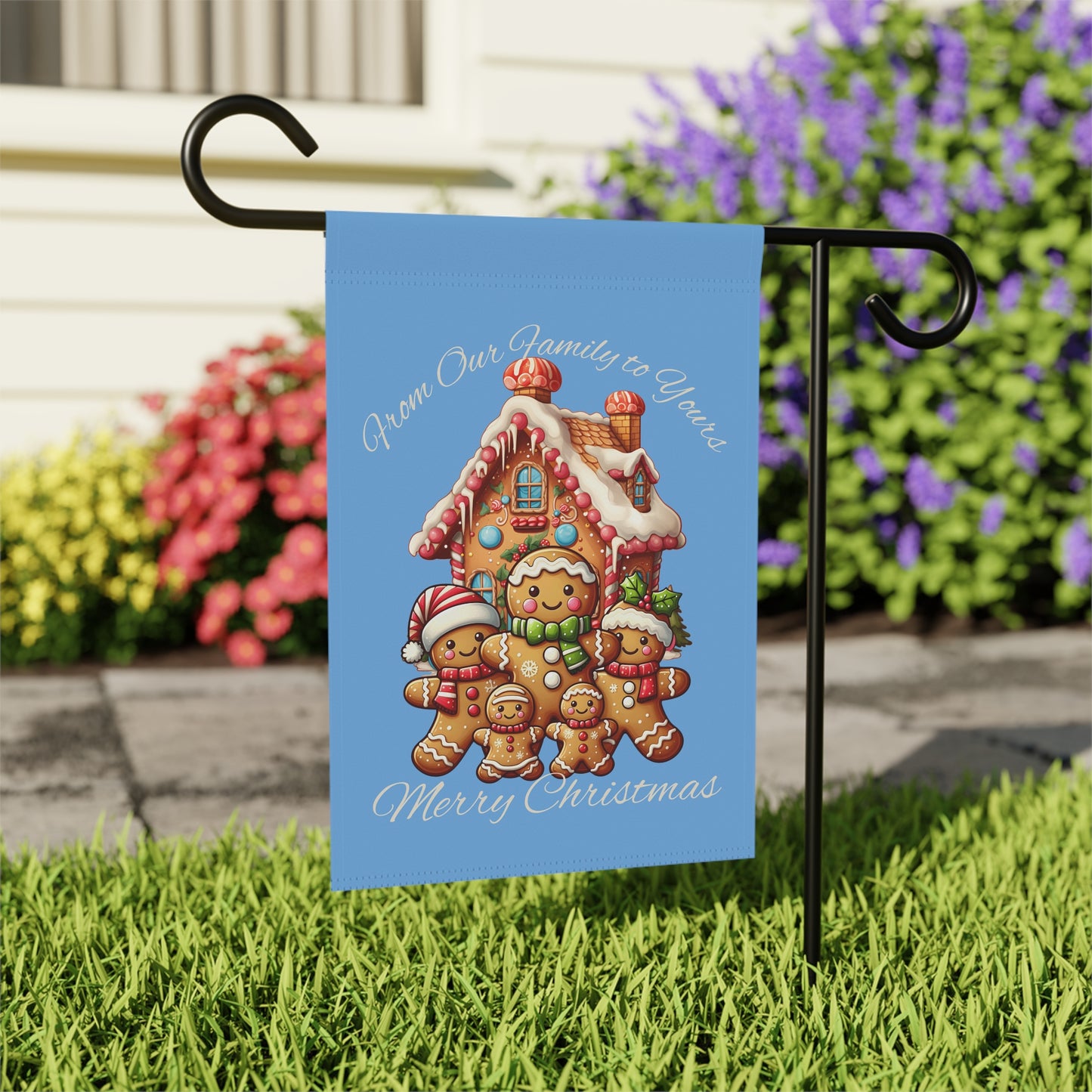 Garden Flag - Christmas - Gingerbread Family (02a - Blue)