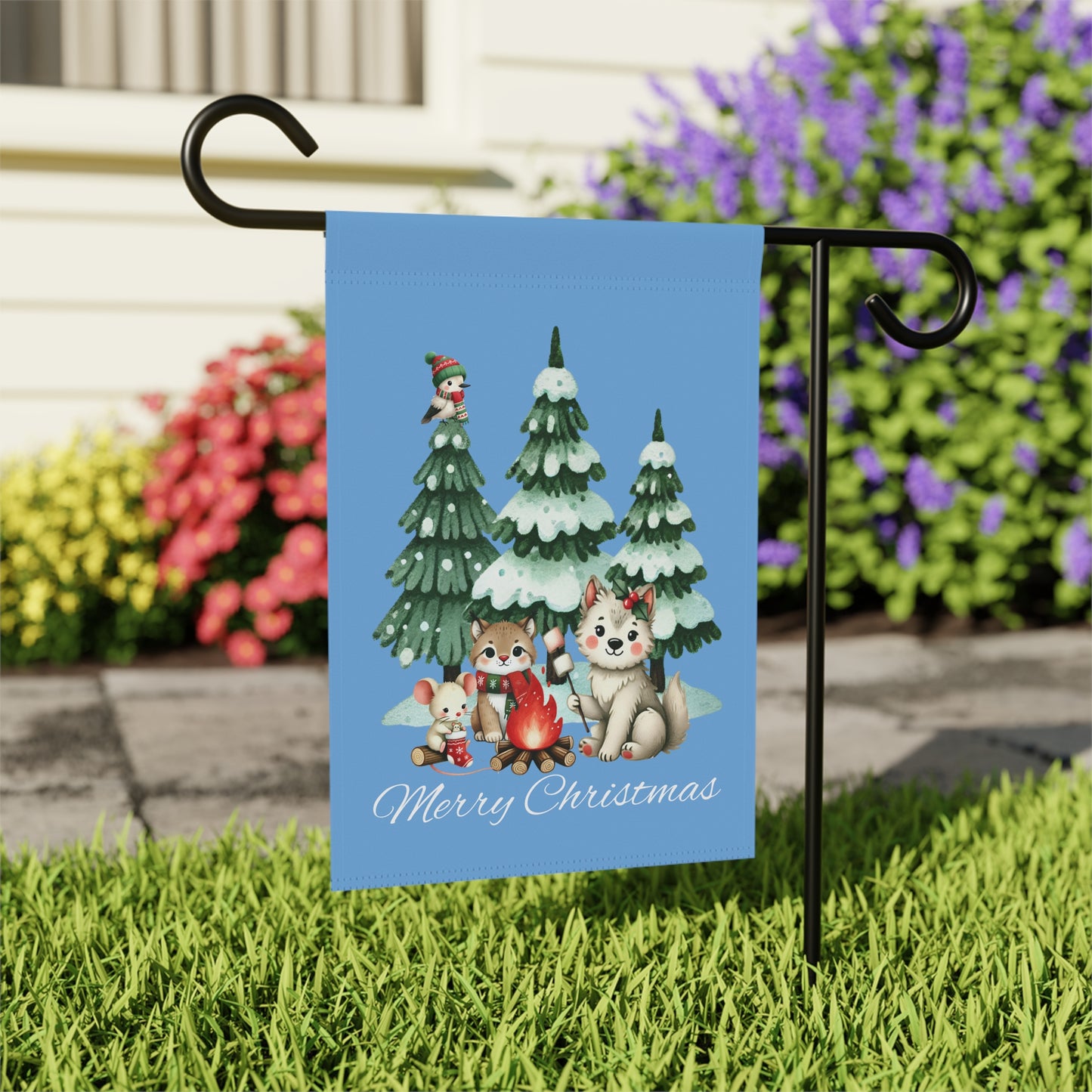 Garden Flag - Christmas - Campfire Animals (01a - Blue)