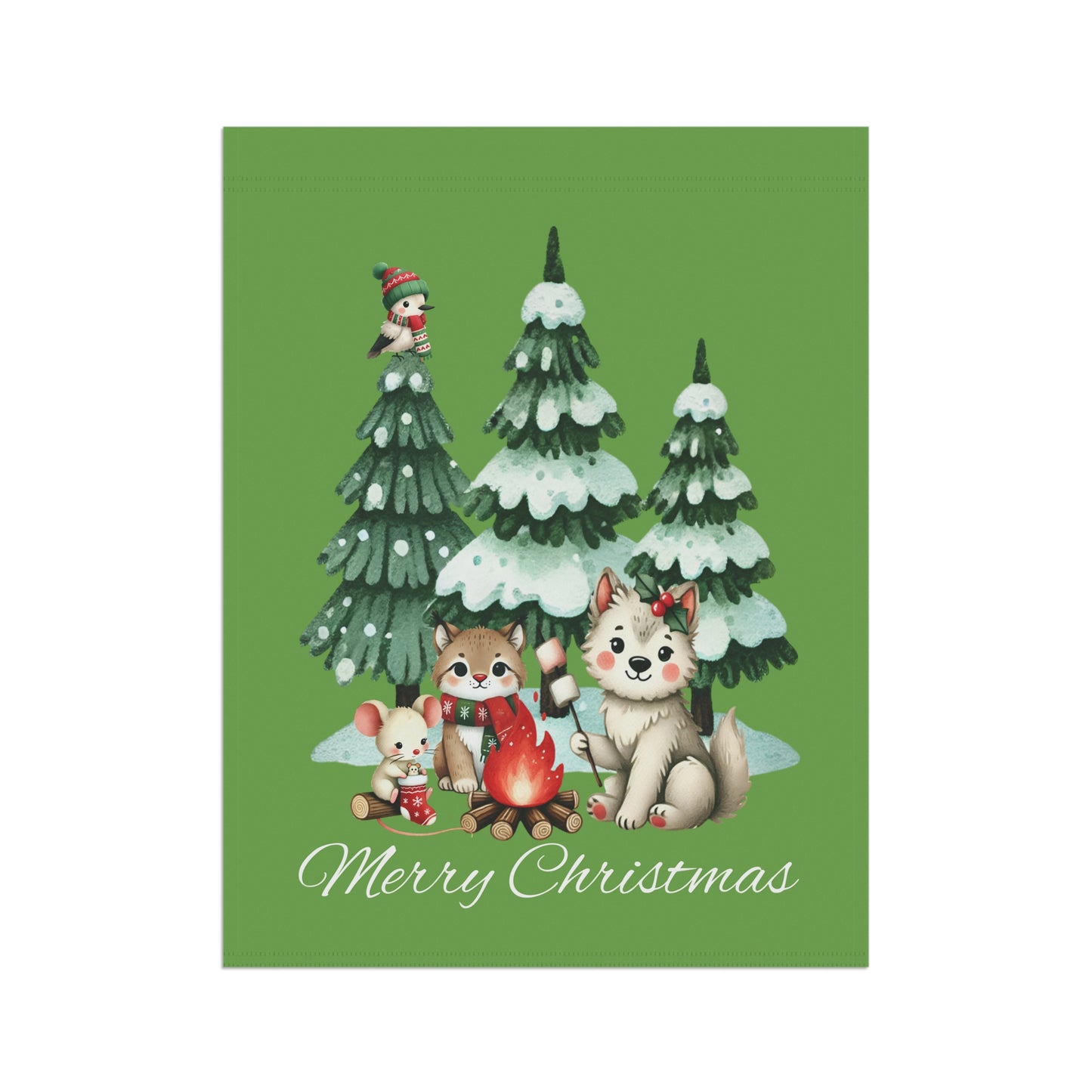 Garden Flag - Christmas - Campfire Animals (01a - Green)