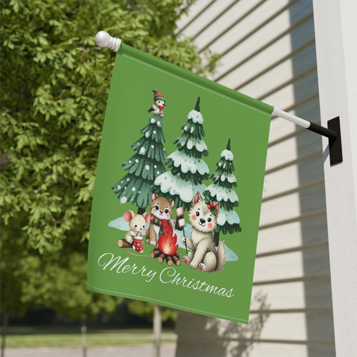 Garden Flag - Christmas - Campfire Animals (01a - Green)