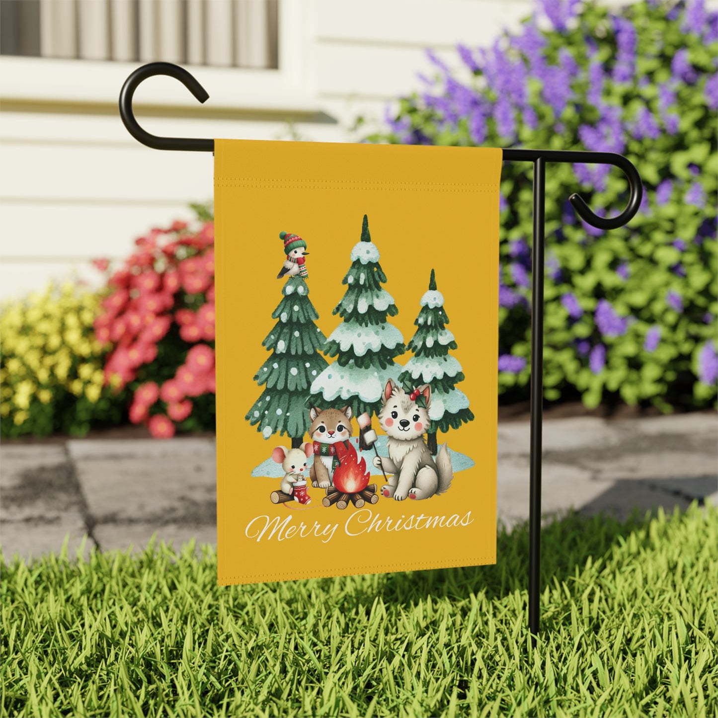 Garden Flag - Christmas - Campfire Animals (01a - Yellow)