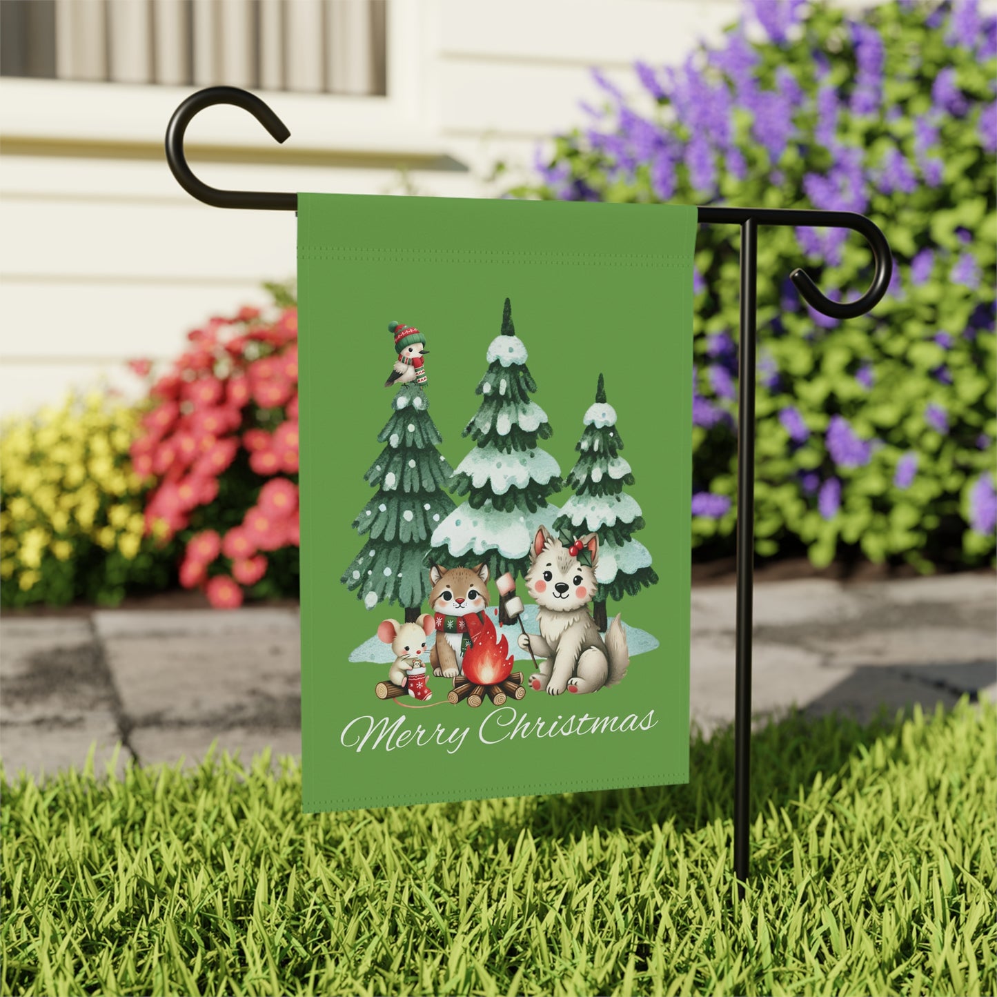 Garden Flag - Christmas - Campfire Animals (01a - Green)