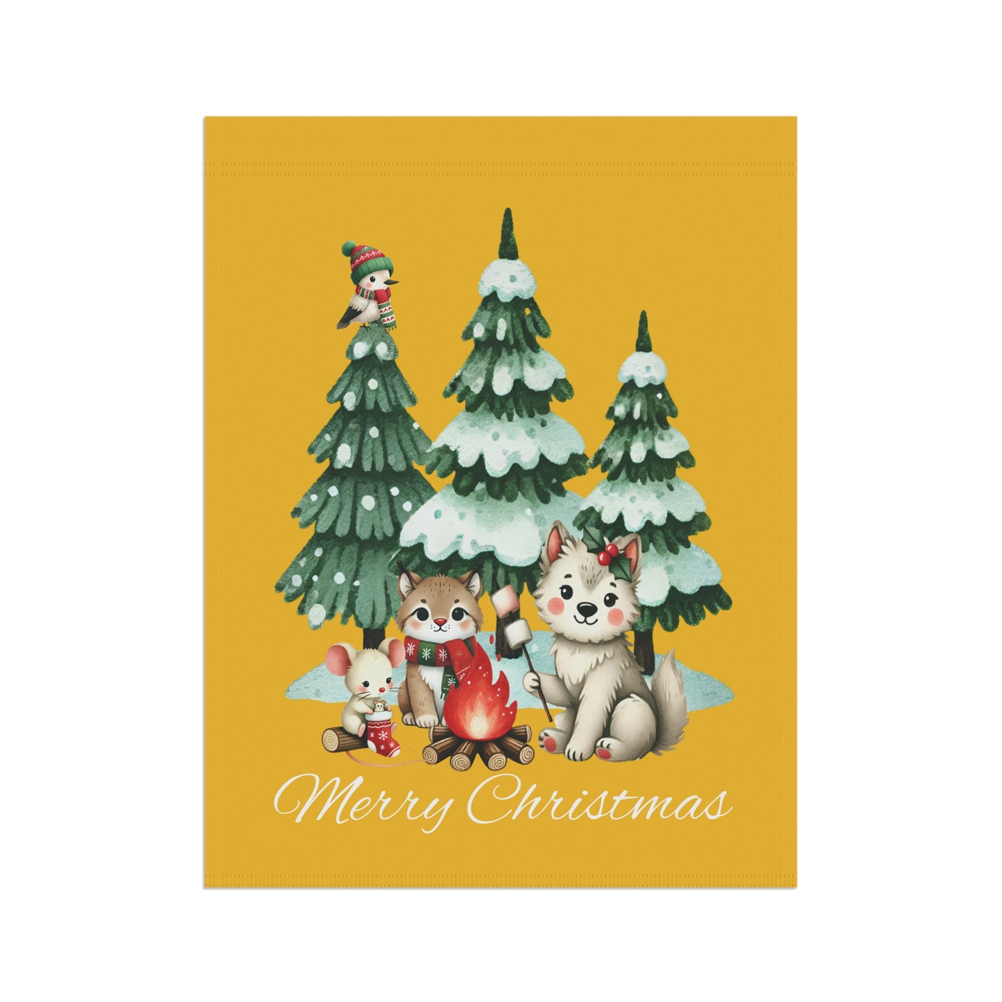 Garden Flag - Christmas - Campfire Animals (01a - Yellow)