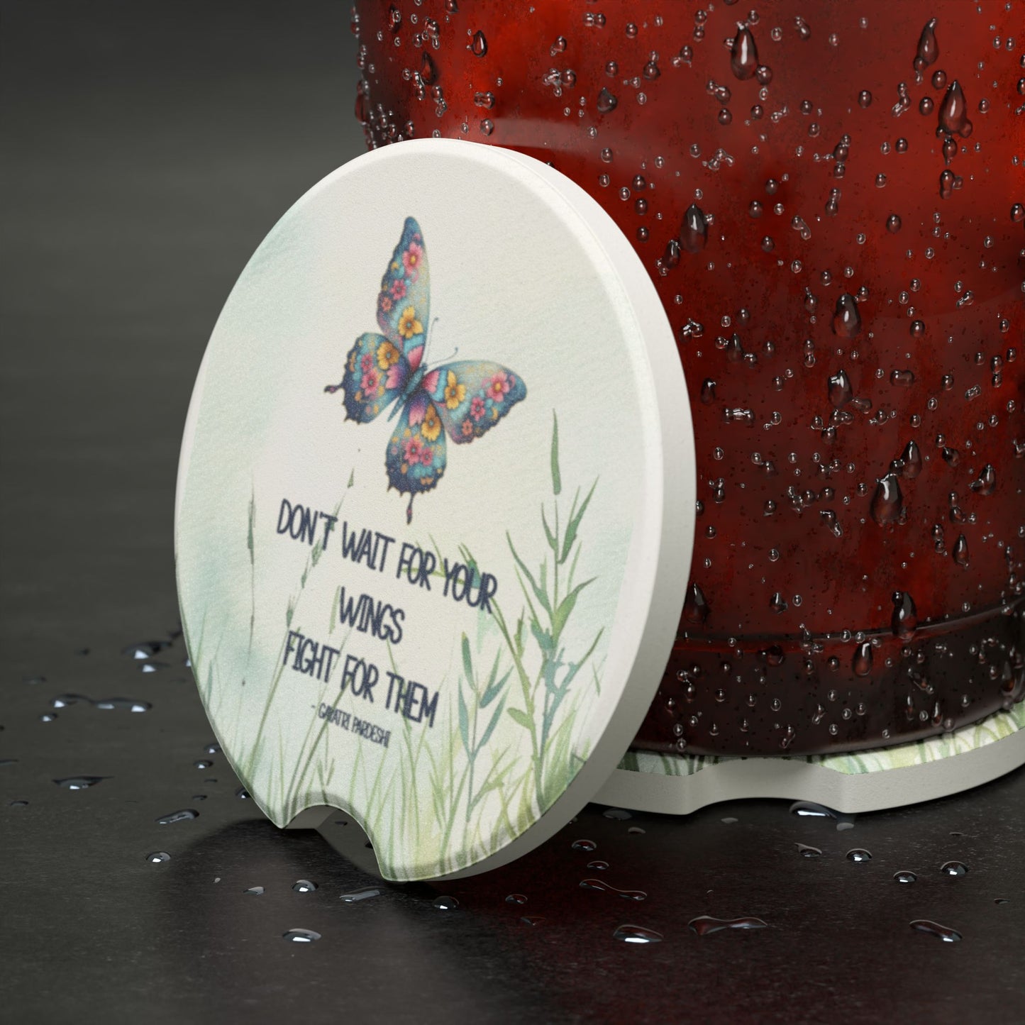 Soapstone Car Coaster - Butterfly Inspirational quote "Don't wait for your wings...."